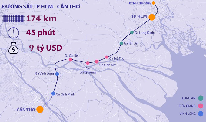 Hướng tuyến đường sắt TP HCM - Cần Thơ. Đồ họa: Khánh Hoàng